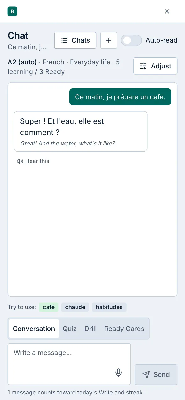 The AI chat tutor in the BetterLang mobile web app: a short conversation in French, with a correction under the learner's message.