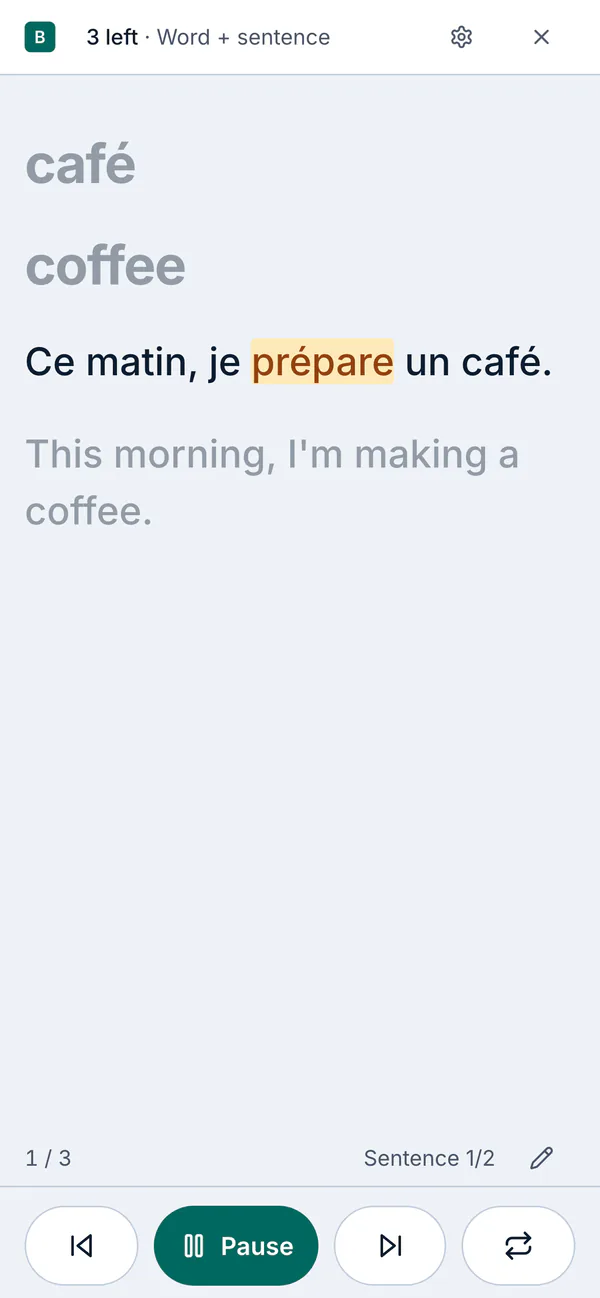 Audio Drill in the BetterLang mobile web app: the spoken line highlighted.