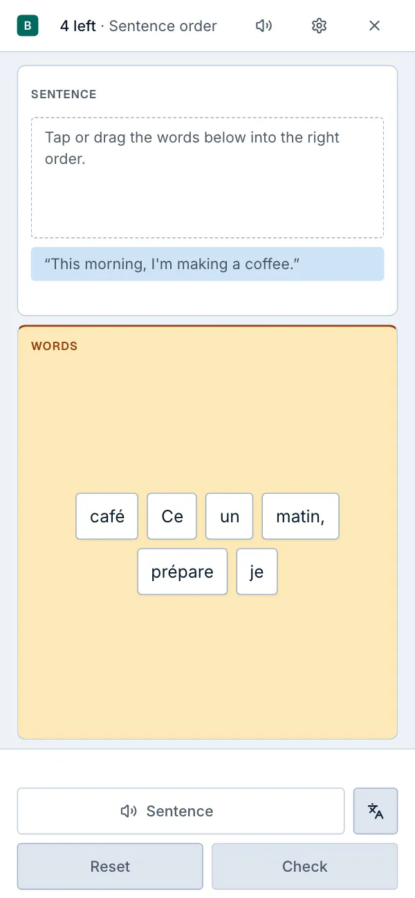 Sentence Order in the BetterLang mobile web app: word tiles rebuilt into the sentence.