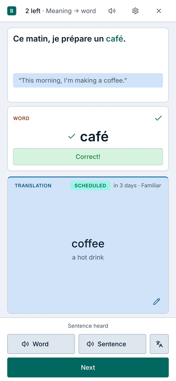 Typing in the BetterLang mobile web app: the answer checked letter by letter.