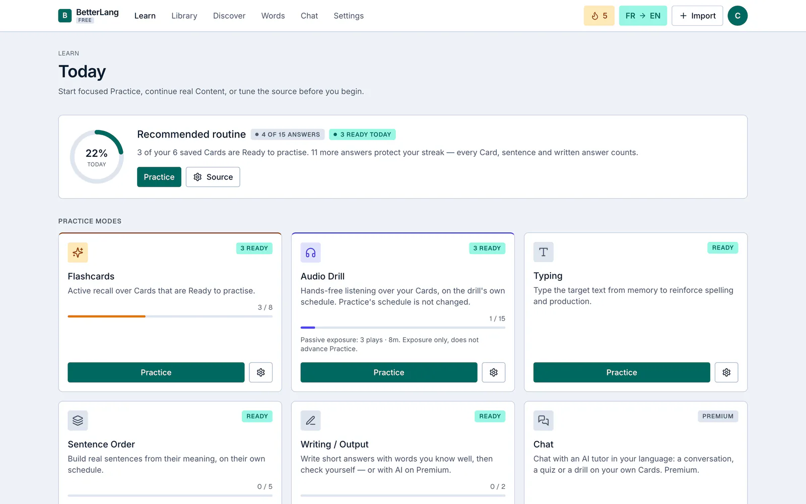 The Learn page of the web app on a laptop: Today, the recommended routine and the Practice modes.