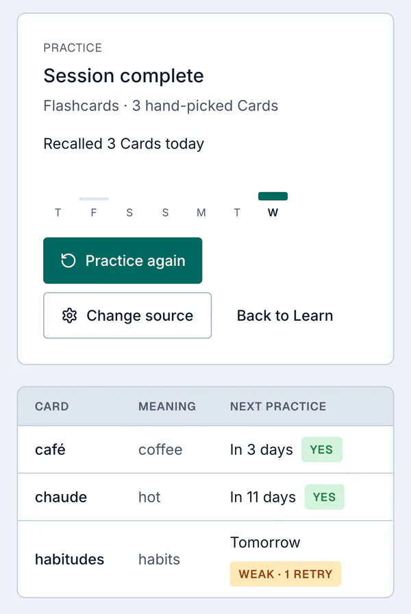 Session complete in the web app: a Next practice table gives every Card its own date.